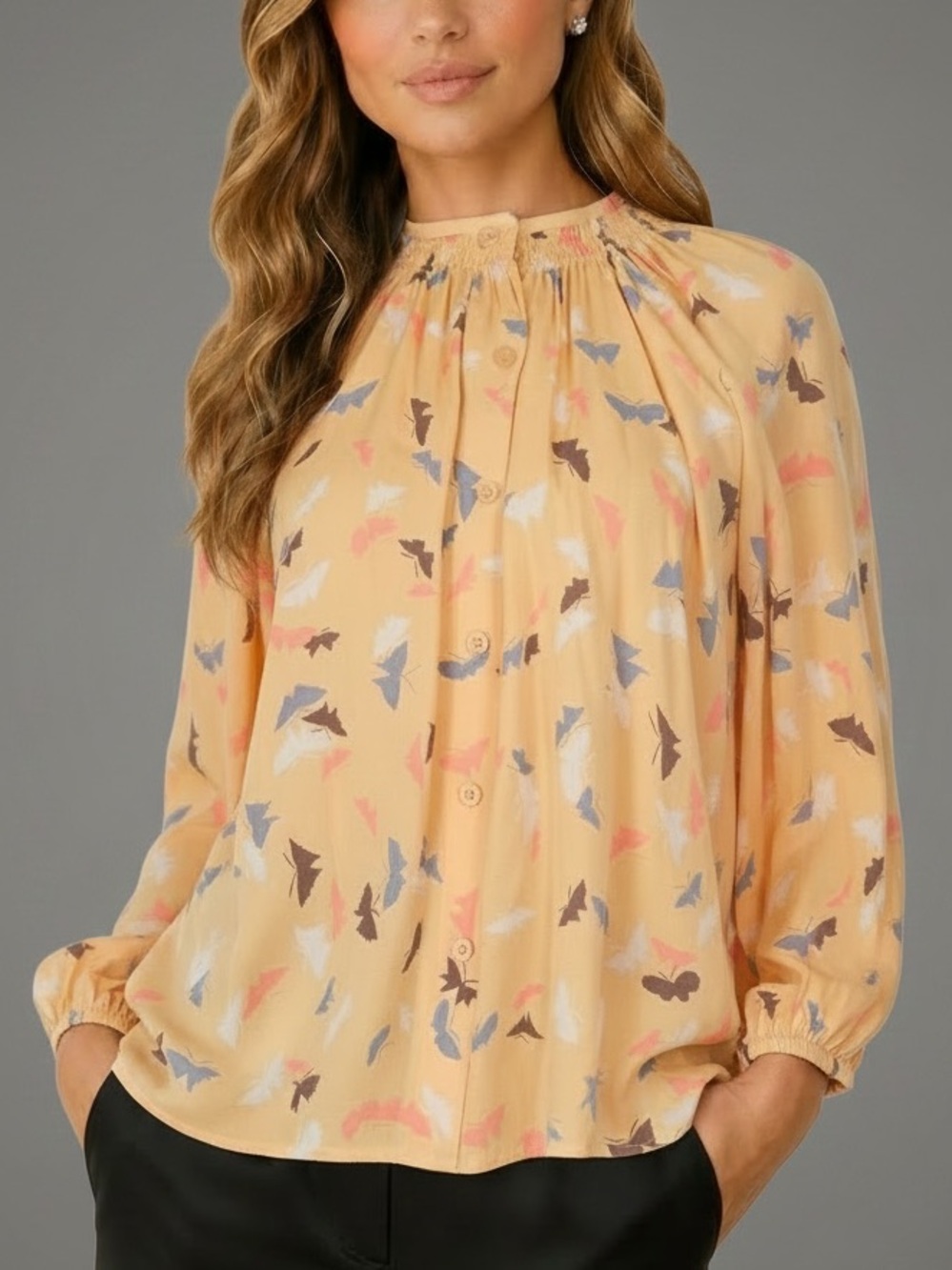 TUCKER Yellow Butterfly Pattern Button Front Elastic Neckline Blouse Size Small
